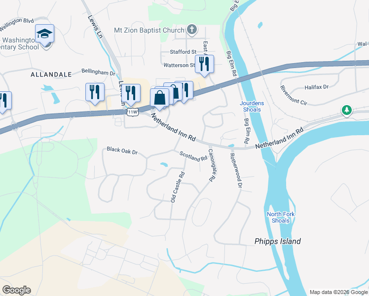 map of restaurants, bars, coffee shops, grocery stores, and more near 3539 Netherland Inn Road in Kingsport