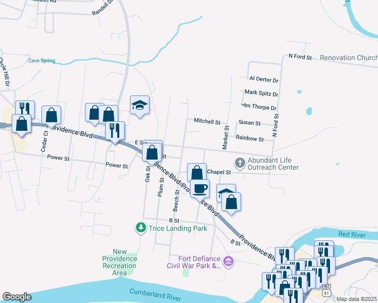 map of restaurants, bars, coffee shops, grocery stores, and more near 307 Beech Street in Clarksville