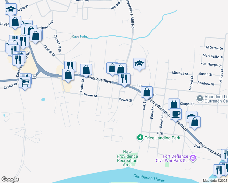 map of restaurants, bars, coffee shops, grocery stores, and more near 701 Power Street in Clarksville