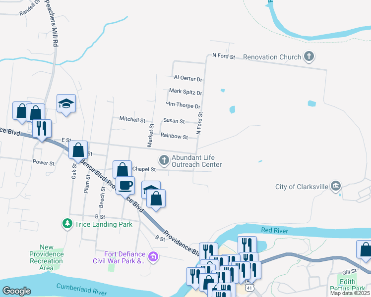 map of restaurants, bars, coffee shops, grocery stores, and more near 113 E Street in Clarksville