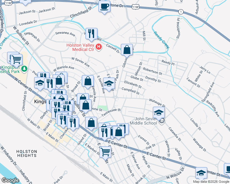 map of restaurants, bars, coffee shops, grocery stores, and more near 160 East Sevier Avenue in Kingsport