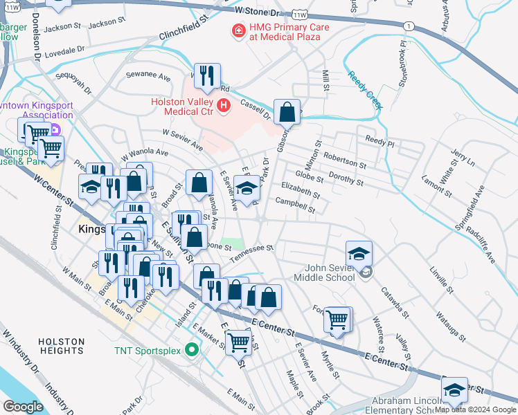 map of restaurants, bars, coffee shops, grocery stores, and more near 160 East Sevier Avenue in Kingsport
