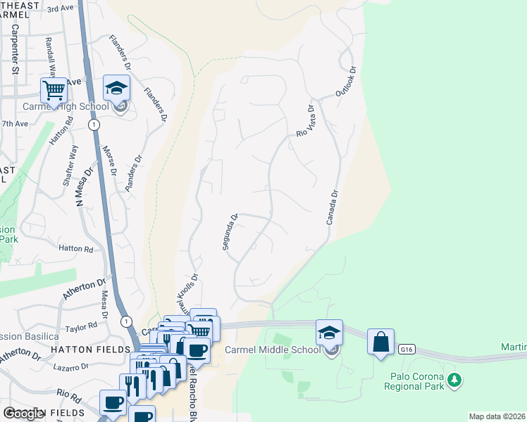 map of restaurants, bars, coffee shops, grocery stores, and more near 25750 Rio Vista Drive in Carmel-by-the-Sea