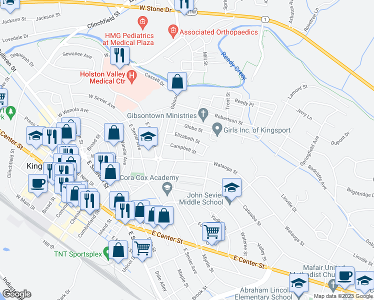 map of restaurants, bars, coffee shops, grocery stores, and more near 306 Clinch Street in Kingsport