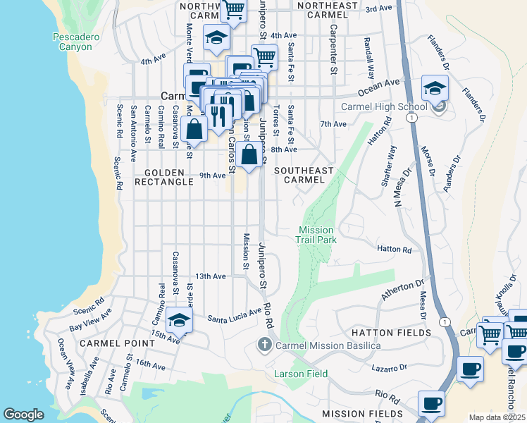 map of restaurants, bars, coffee shops, grocery stores, and more near 2 Junipero Street in Carmel-by-the-Sea