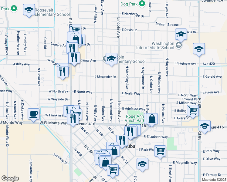 map of restaurants, bars, coffee shops, grocery stores, and more near 301-499 North Vermont Avenue in Dinuba