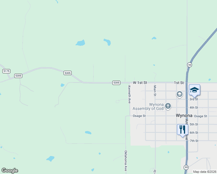 map of restaurants, bars, coffee shops, grocery stores, and more near 286 County Road 5305 in Wynona