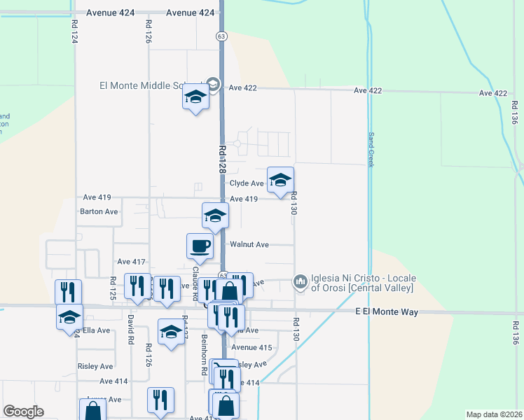 map of restaurants, bars, coffee shops, grocery stores, and more near 12915 Avenue 419 in Orosi