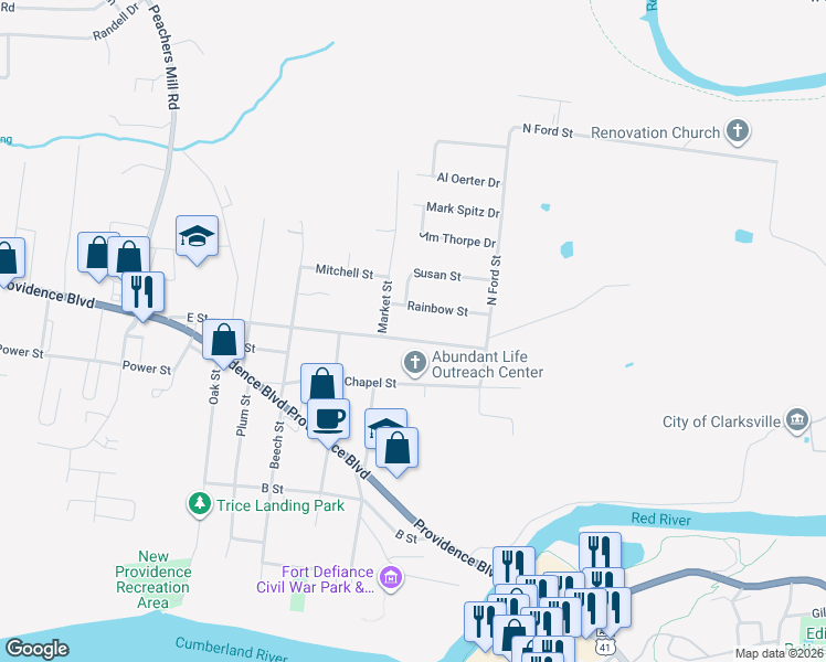 map of restaurants, bars, coffee shops, grocery stores, and more near 127 E Street in Clarksville