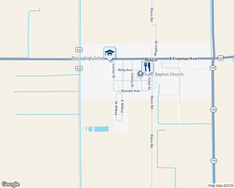 map of restaurants, bars, coffee shops, grocery stores, and more near 100 West Wilkey in Risco