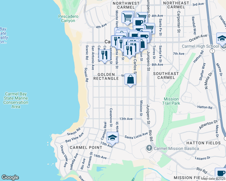 map of restaurants, bars, coffee shops, grocery stores, and more near in Carmel-by-the-Sea