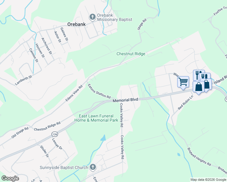 map of restaurants, bars, coffee shops, grocery stores, and more near Eatons Station Road in Kingsport