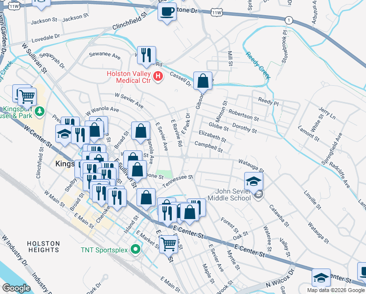 map of restaurants, bars, coffee shops, grocery stores, and more near 160 East Sevier Avenue in Kingsport