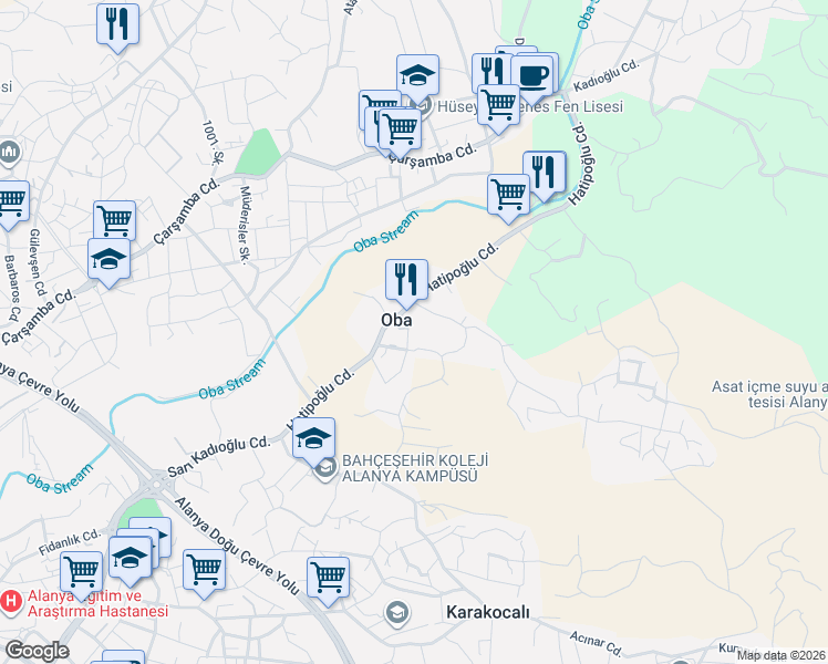 map of restaurants, bars, coffee shops, grocery stores, and more near 8 Kazım Kolçak Sokak in Alanya