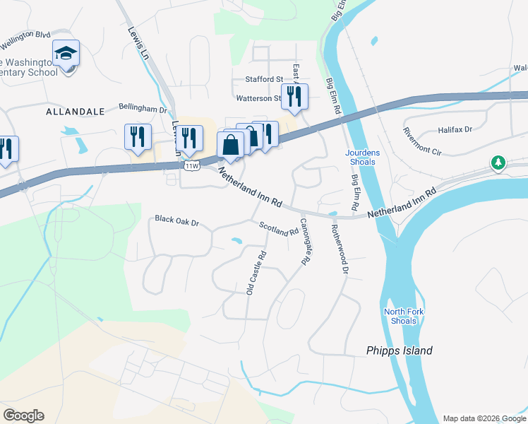 map of restaurants, bars, coffee shops, grocery stores, and more near 3539 Netherland Inn Road in Kingsport