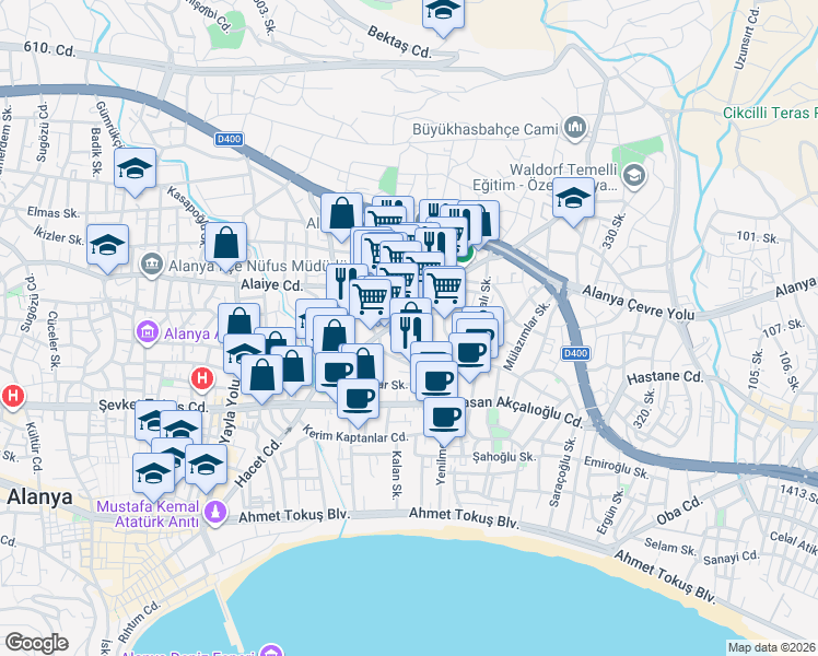 map of restaurants, bars, coffee shops, grocery stores, and more near 15 Büyük Has Bahçe Caddesi in Alanya