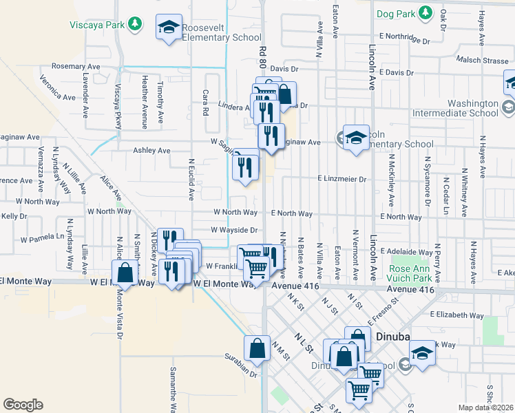 map of restaurants, bars, coffee shops, grocery stores, and more near 621 North Alta Avenue in Dinuba