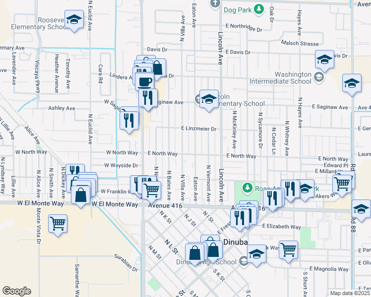 map of restaurants, bars, coffee shops, grocery stores, and more near 520 North Villa Avenue in Dinuba