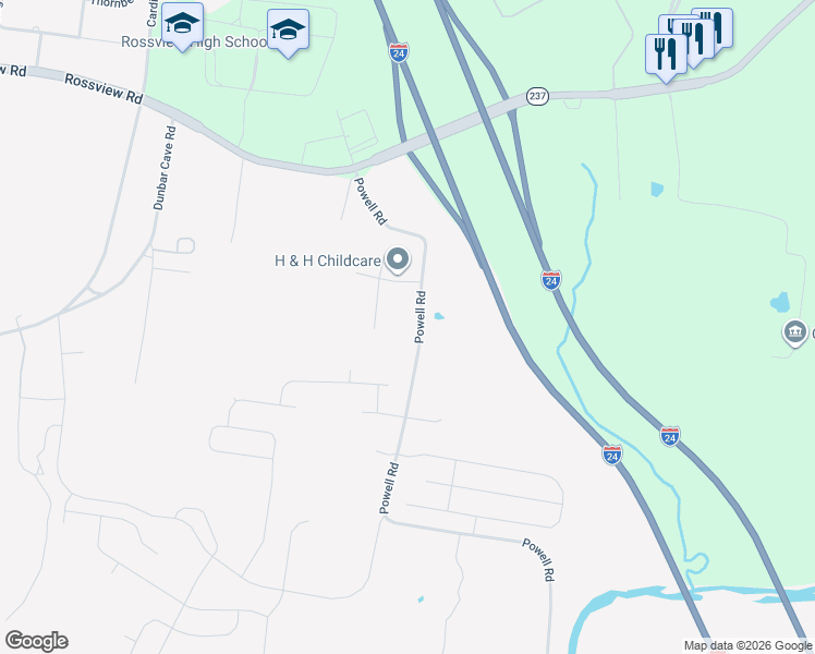 map of restaurants, bars, coffee shops, grocery stores, and more near 1860 Powell Road in Clarksville
