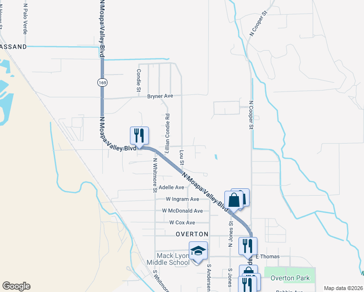 map of restaurants, bars, coffee shops, grocery stores, and more near Lou Street in Moapa Valley