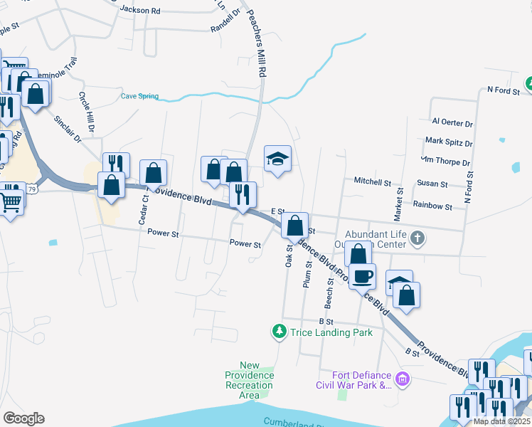 map of restaurants, bars, coffee shops, grocery stores, and more near 613 E Street in Clarksville