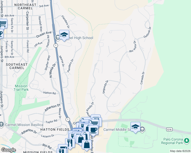 map of restaurants, bars, coffee shops, grocery stores, and more near 25635 Ryan Place in Carmel-by-the-Sea