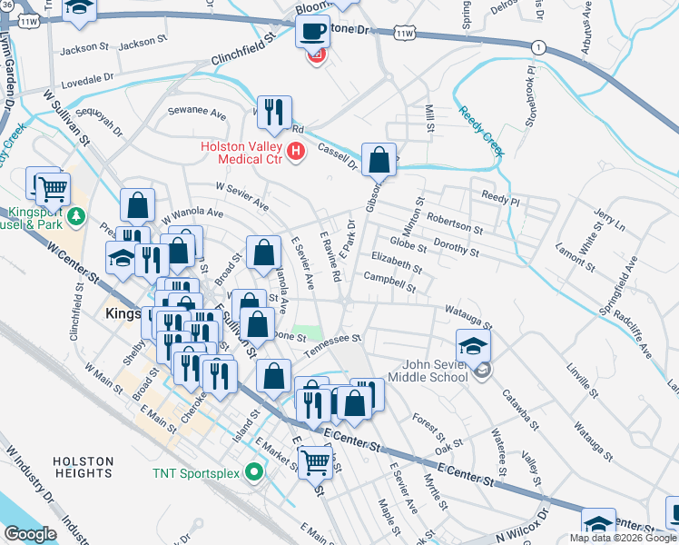 map of restaurants, bars, coffee shops, grocery stores, and more near 137 East Ravine Road in Kingsport