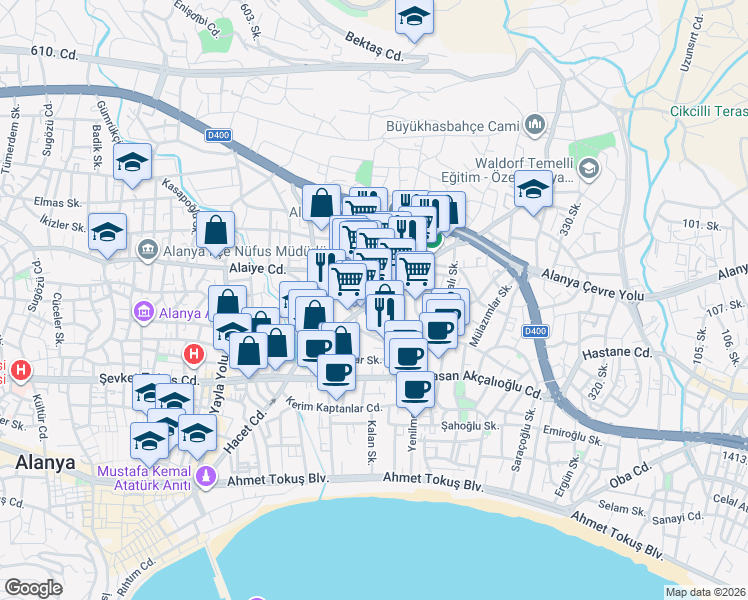 map of restaurants, bars, coffee shops, grocery stores, and more near Caddesi in Alanya