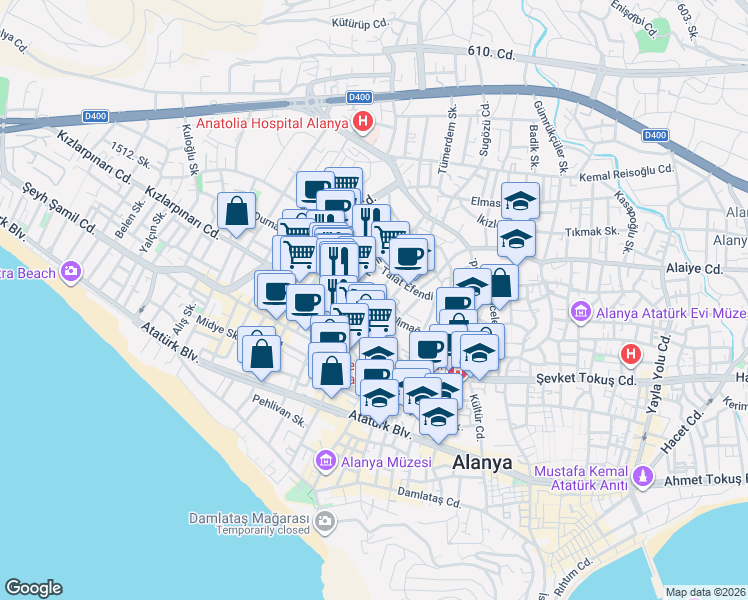 map of restaurants, bars, coffee shops, grocery stores, and more near Çelikler Sokak in Alanya