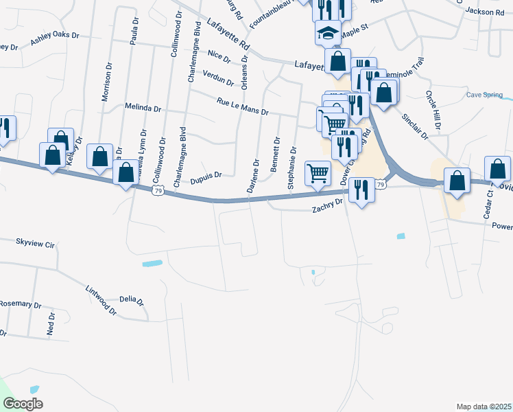 map of restaurants, bars, coffee shops, grocery stores, and more near 260 Tennessee 76 in Clarksville