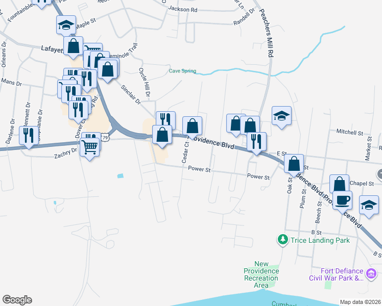map of restaurants, bars, coffee shops, grocery stores, and more near 207 Cedar Court in Clarksville