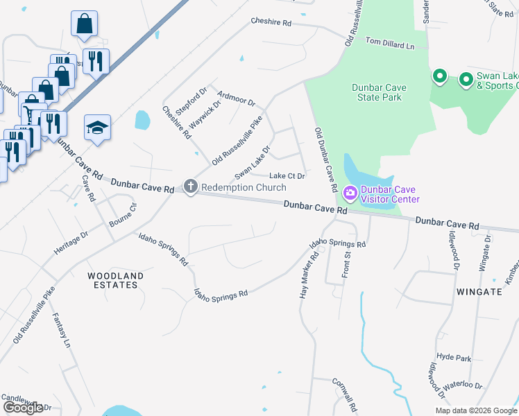 map of restaurants, bars, coffee shops, grocery stores, and more near 319 Dunbar Cave Road in Clarksville
