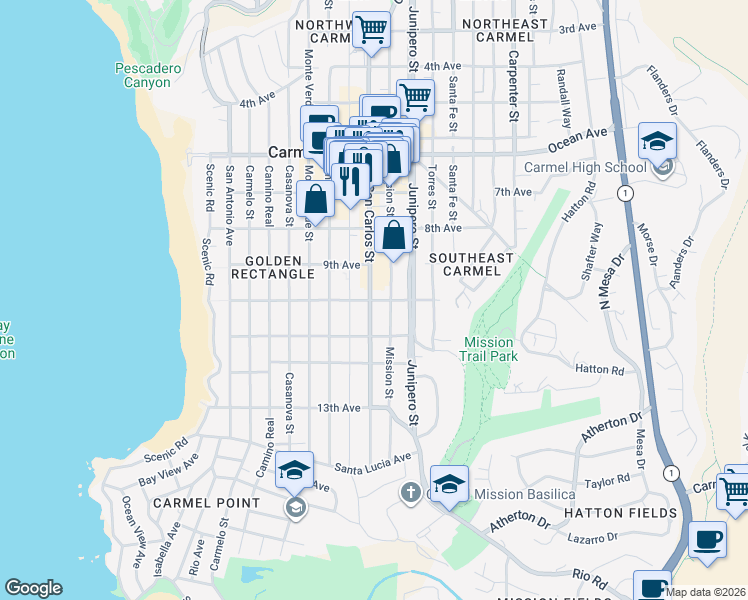 map of restaurants, bars, coffee shops, grocery stores, and more near 26 Mission Street in Carmel-by-the-Sea