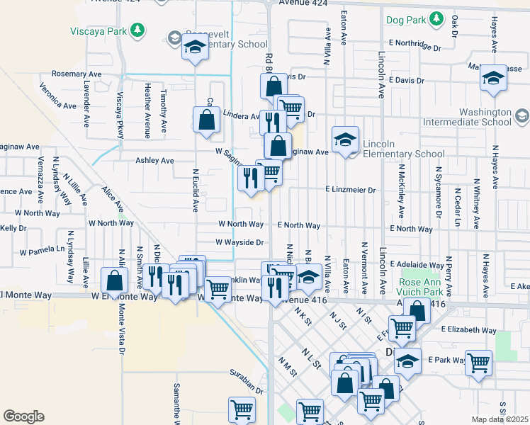 map of restaurants, bars, coffee shops, grocery stores, and more near 621 North Alta Avenue in Dinuba