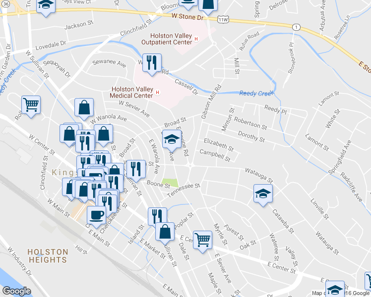 map of restaurants, bars, coffee shops, grocery stores, and more near 148 East Ravine Road in Kingsport