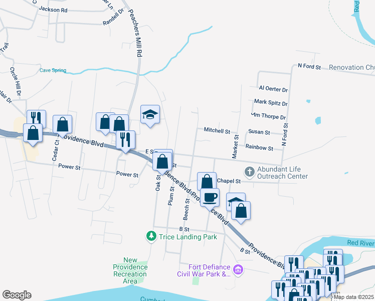 map of restaurants, bars, coffee shops, grocery stores, and more near 406 Beech Street in Clarksville