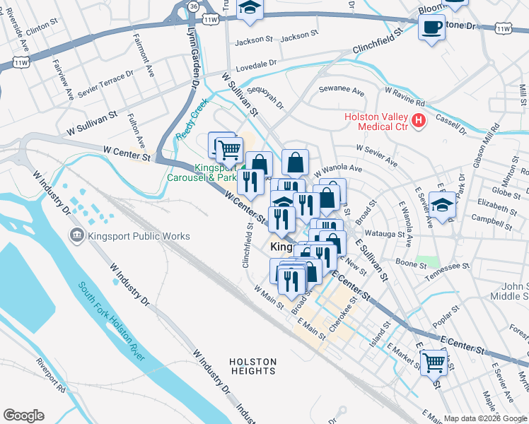 map of restaurants, bars, coffee shops, grocery stores, and more near 320 Revere Street in Kingsport