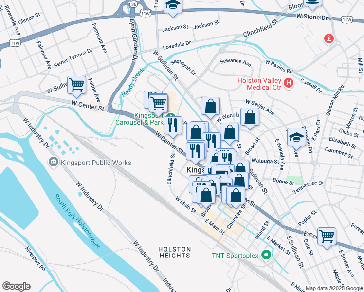 map of restaurants, bars, coffee shops, grocery stores, and more near 320 Revere Street in Kingsport