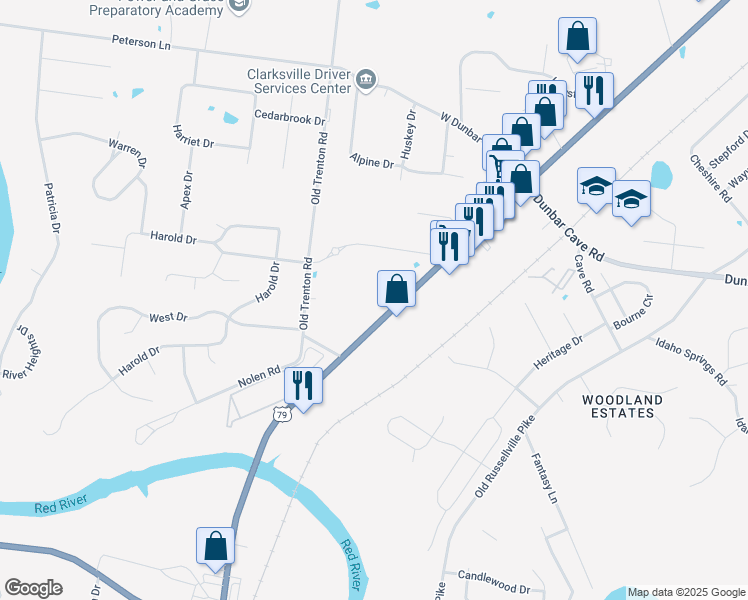 map of restaurants, bars, coffee shops, grocery stores, and more near 1650 Wilma Rudolph Boulevard in Clarksville