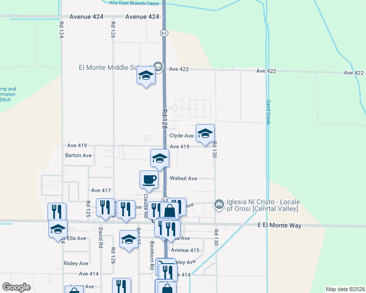 map of restaurants, bars, coffee shops, grocery stores, and more near 12915 Avenue 419 in Orosi