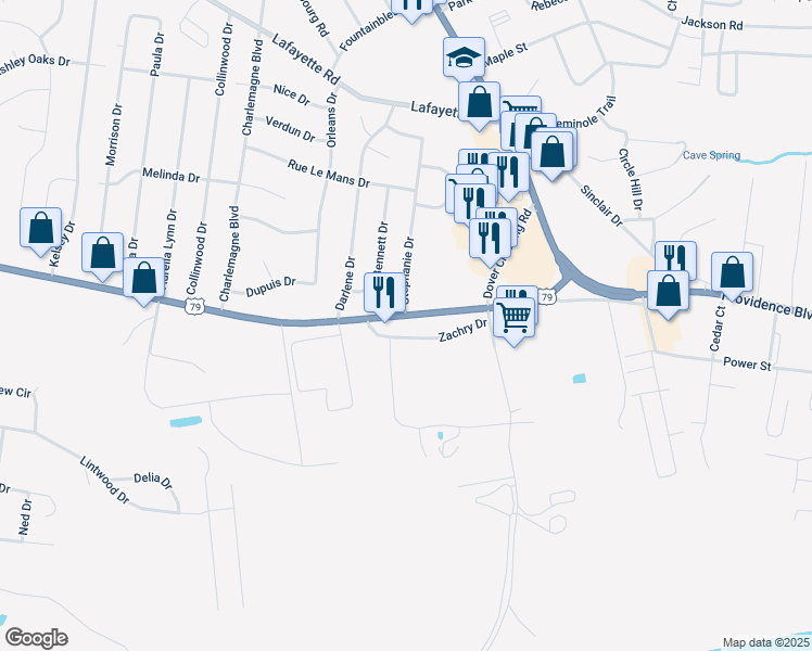 map of restaurants, bars, coffee shops, grocery stores, and more near 240 Dover Road in Clarksville