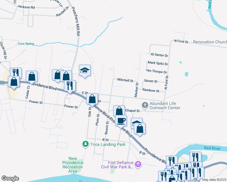 map of restaurants, bars, coffee shops, grocery stores, and more near 406 Beech Street in Clarksville