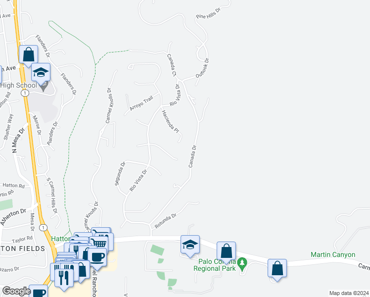 map of restaurants, bars, coffee shops, grocery stores, and more near 25521 Hacienda Place in Carmel-by-the-Sea