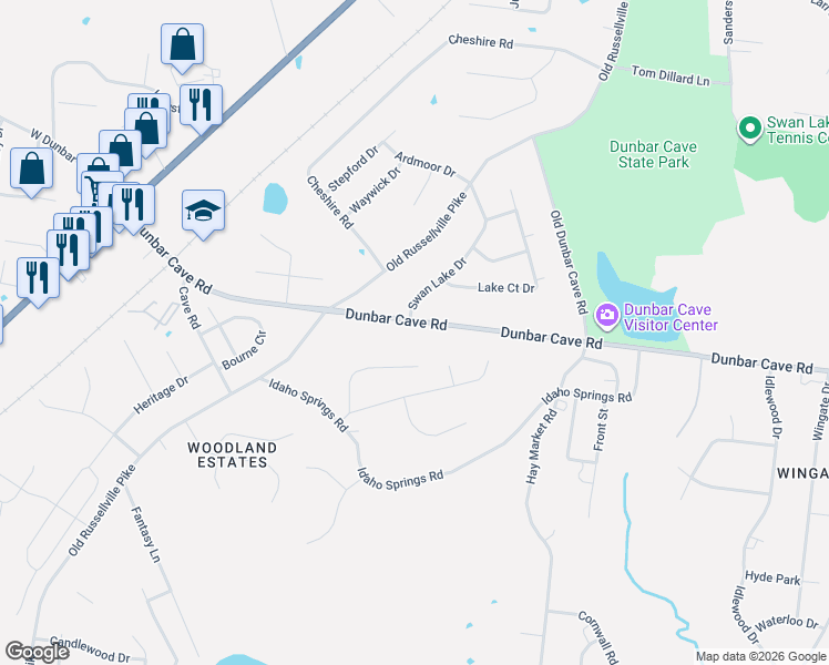 map of restaurants, bars, coffee shops, grocery stores, and more near 316 Dunbar Cave Road in Clarksville
