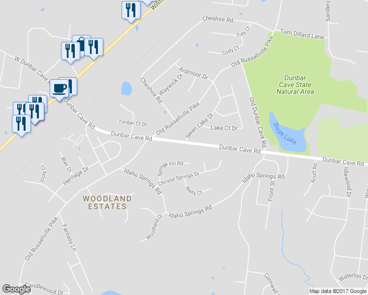 map of restaurants, bars, coffee shops, grocery stores, and more near 316 Dunbar Cave Road in Clarksville