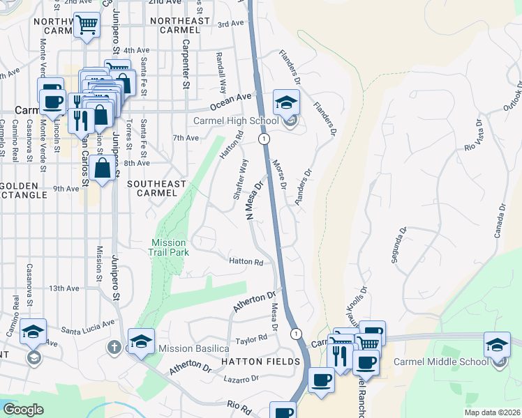 map of restaurants, bars, coffee shops, grocery stores, and more near 25715 North Mesa Drive in Carmel-by-the-Sea