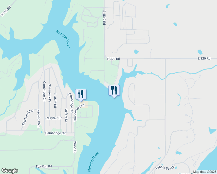 map of restaurants, bars, coffee shops, grocery stores, and more near 451112 East 320 Road in Cleora