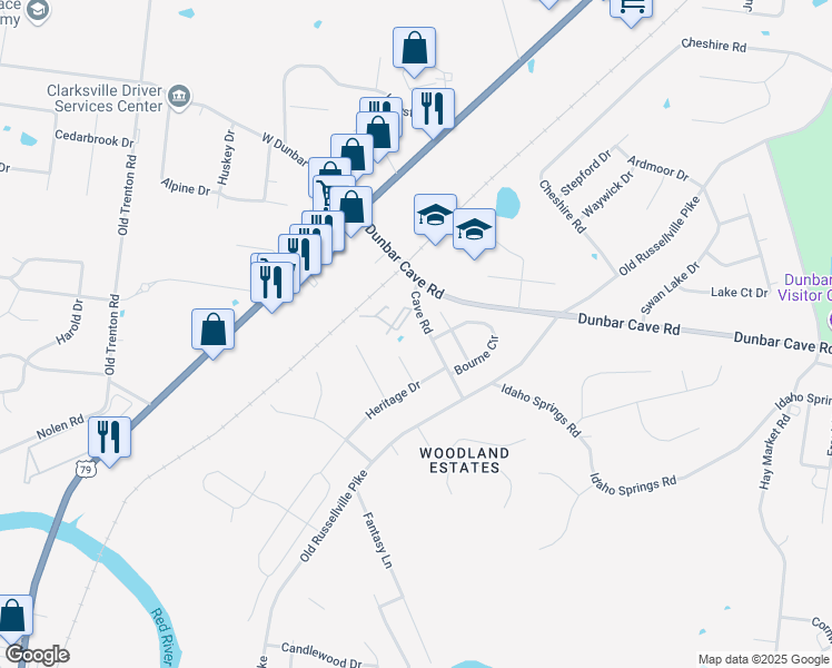 map of restaurants, bars, coffee shops, grocery stores, and more near 204 Cave Road in Clarksville