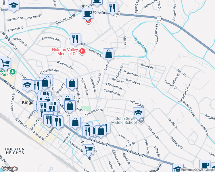 map of restaurants, bars, coffee shops, grocery stores, and more near 911 Elizabeth Street in Kingsport