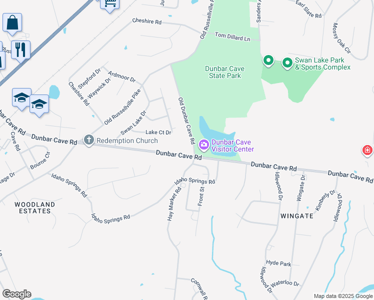 map of restaurants, bars, coffee shops, grocery stores, and more near 338 Old Dunbar Cave Road in Clarksville